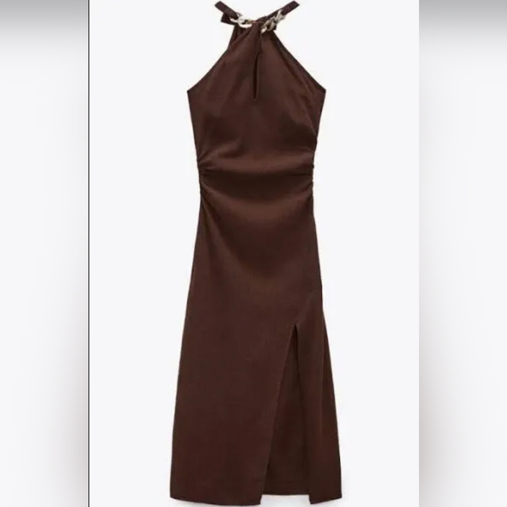 ZARA BROWN LINEN BLEND HALTER NECK MIDI GATHERED DRESS WITH CHAIN SIZE M